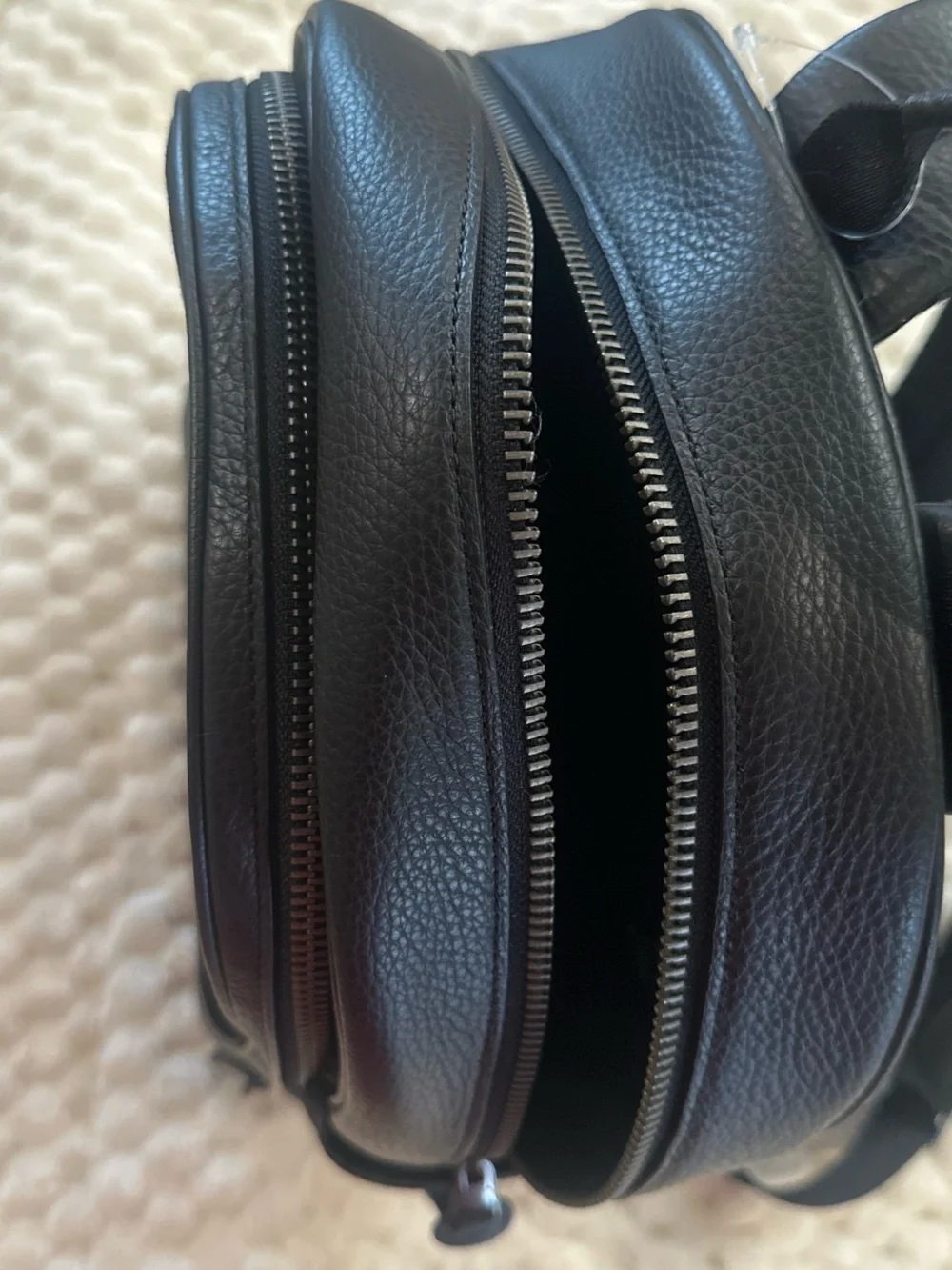 Coach Black Leather Backpack with Tan and White Center Stripes